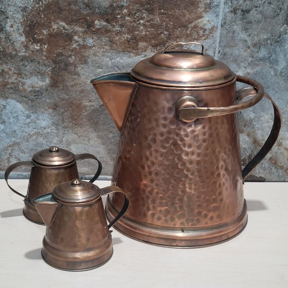 Vintage Gregorian Copper Hammered Coffee Pot Creamer Sugar Bowl with Lids